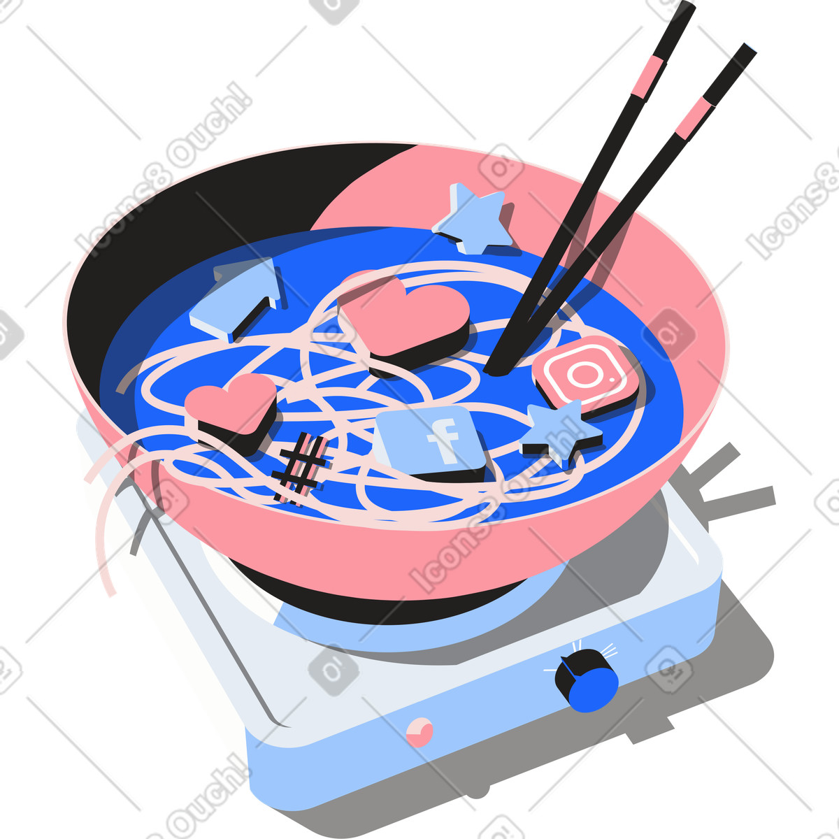 Ilustración Plato de fideos e íconos redes sociales en estilo Editorial a descargar en PNG y SVG