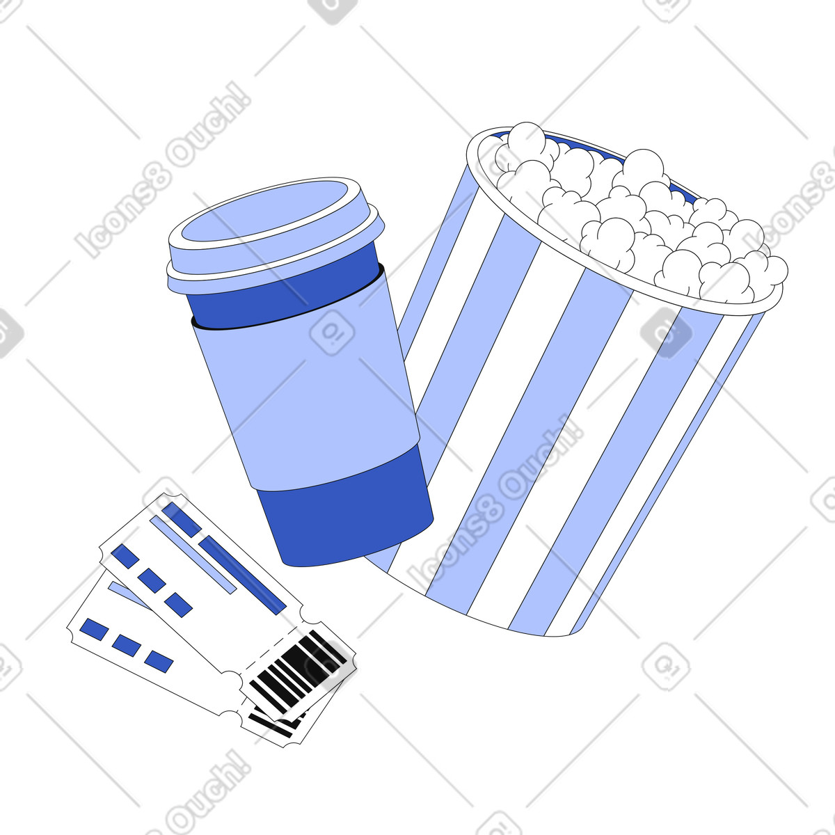 Popcorn, getr&auml;nke im pappbecher und kinokarten-Illustration im Techny-Stil als Download in PNG, SVG