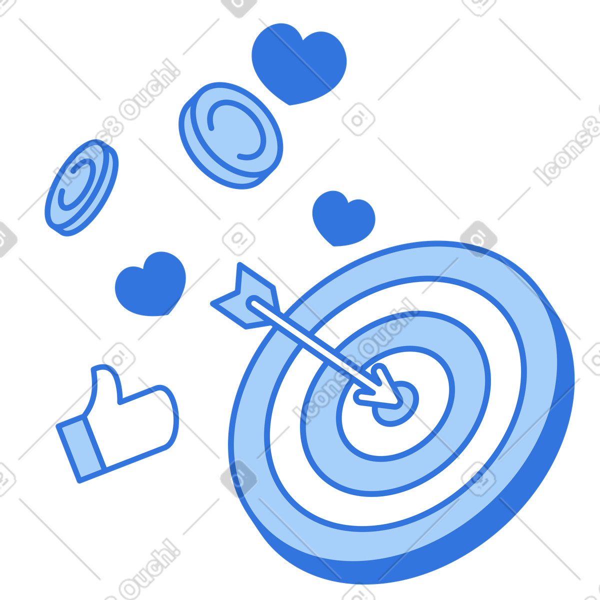 Arrow hitting bullseye with coins and likes, Audience targeting for digital advertising illustration in Sky style download in PNG, SVG
