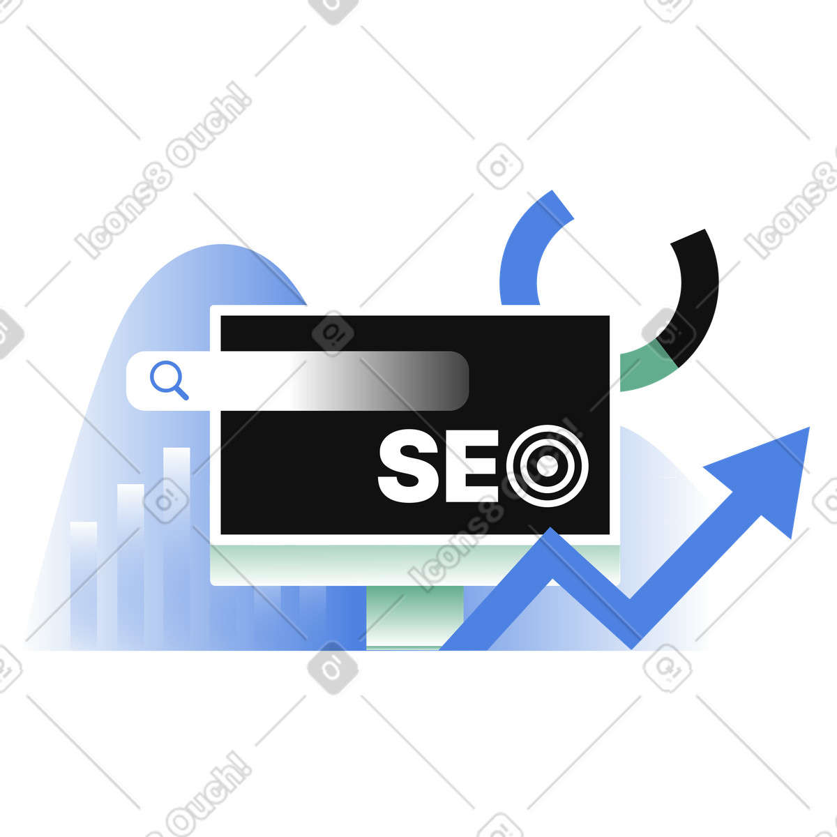 Ilustración animada Estadísticas seo para optimización con monitor de computadora en estilo Network a descargar en GIF, Lottie (JSON), AE
