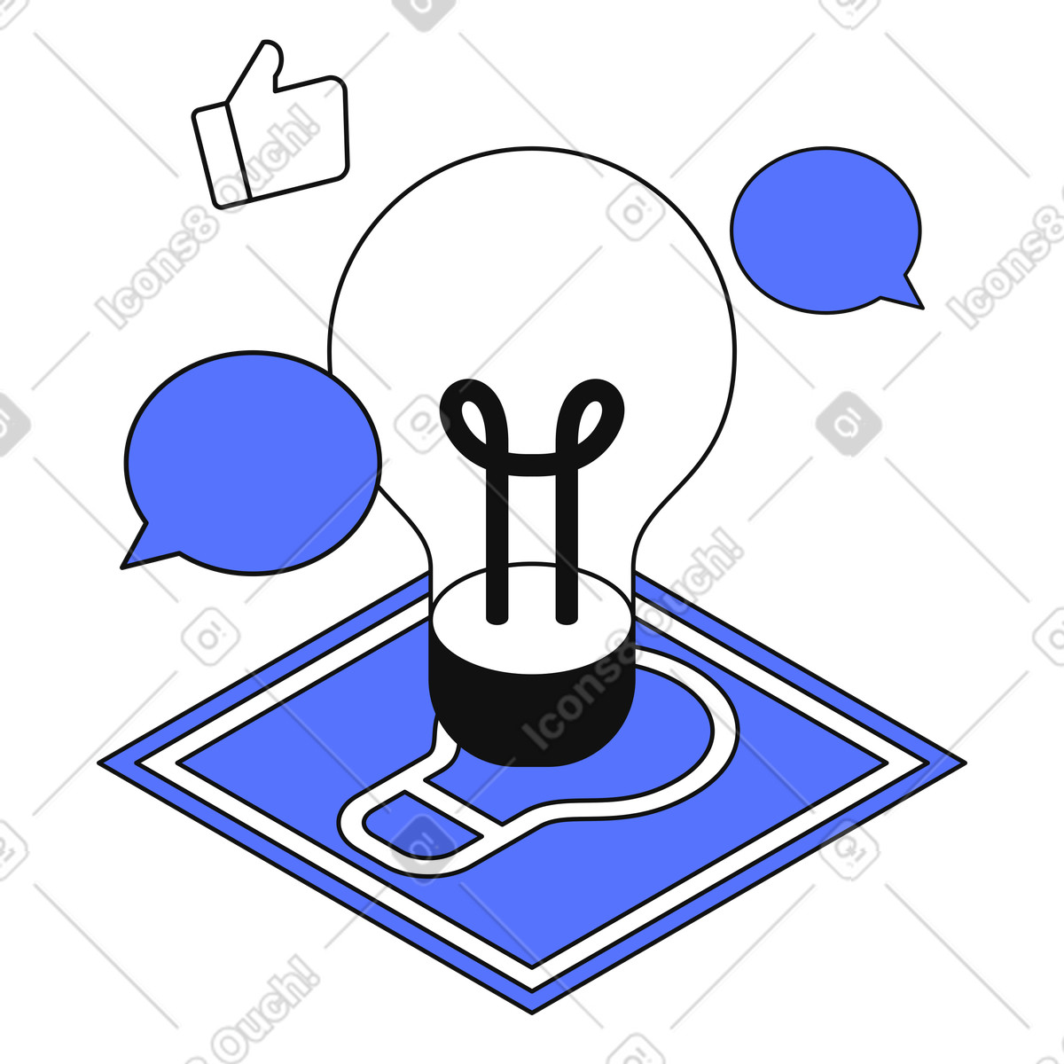 Lightbulb idea emerging from digital platform with chat bubbles around illustration in style download in PNG, SVG