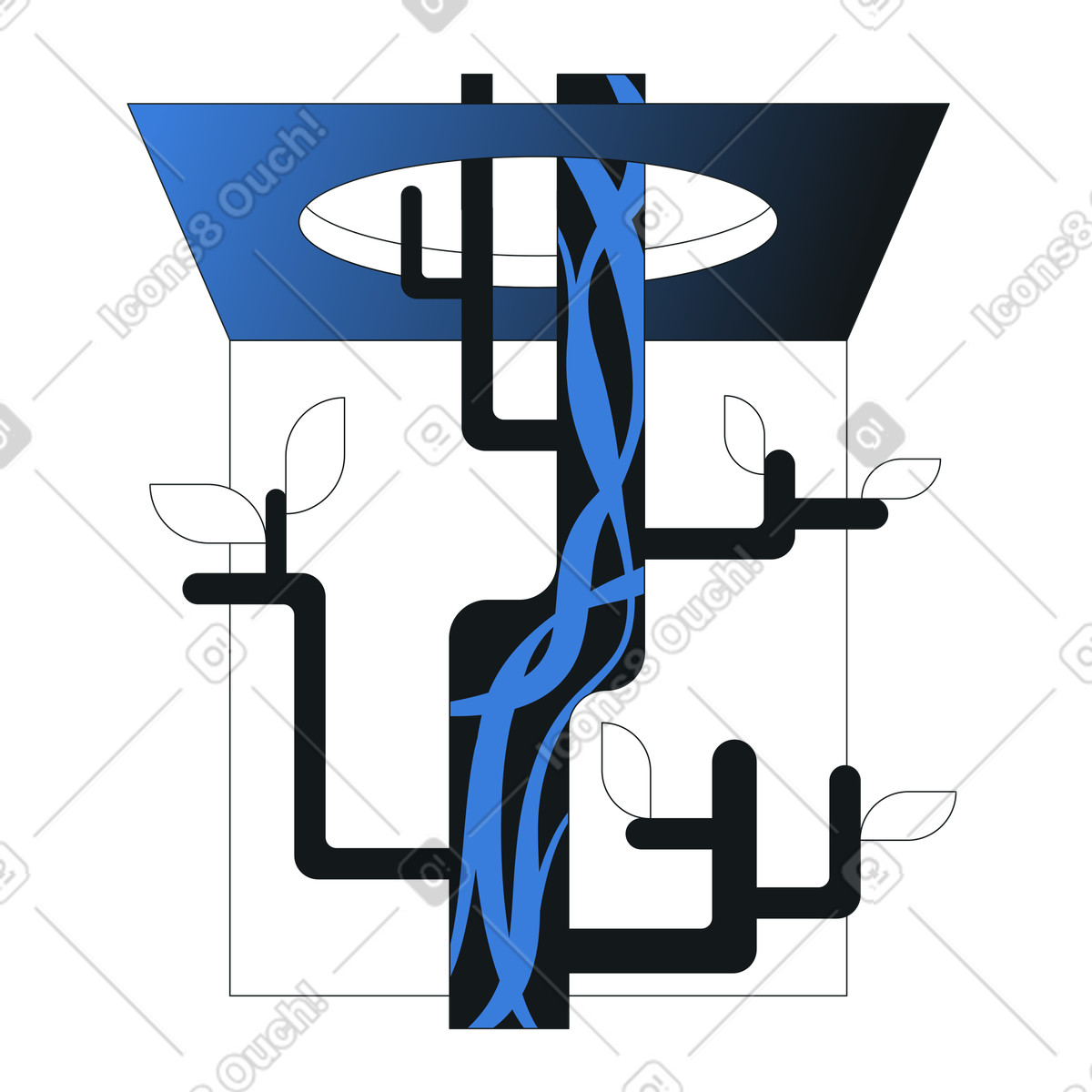 Tree growing through ceiling hole, Growth and overcoming barriers concept illustration in Midnight style download in PNG, SVG
