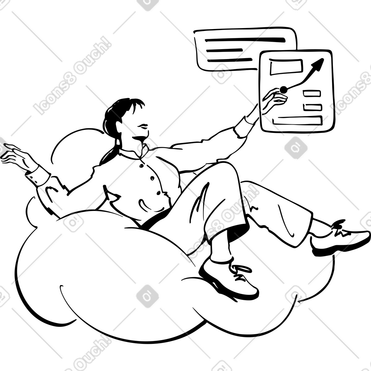 Woman on the cloud working with analytics interface illustration in Line style download in PNG, SVG