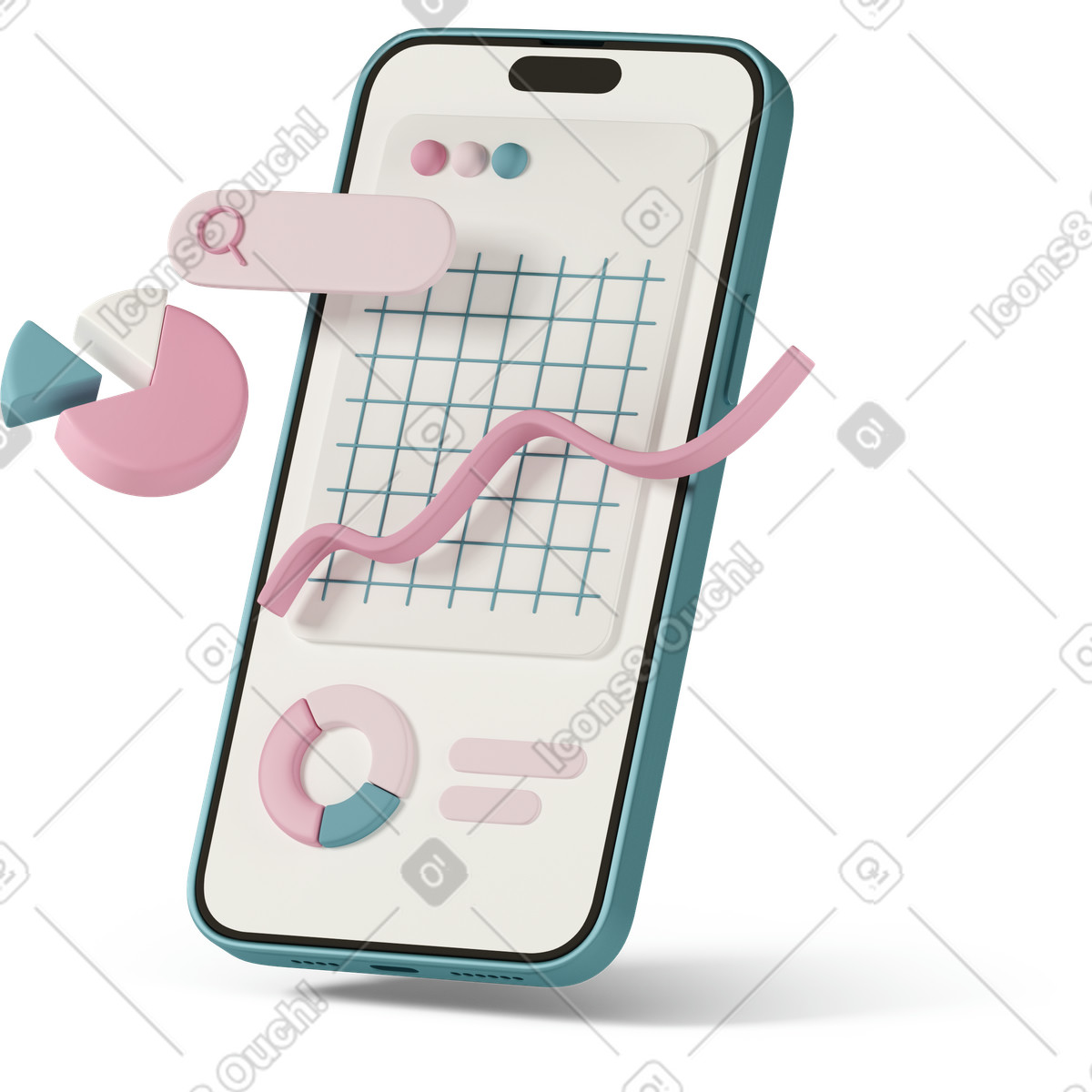 下载 3D Casual life 风格的 Chart and statistics on phone 插画，支持 PNG、SVG 格式