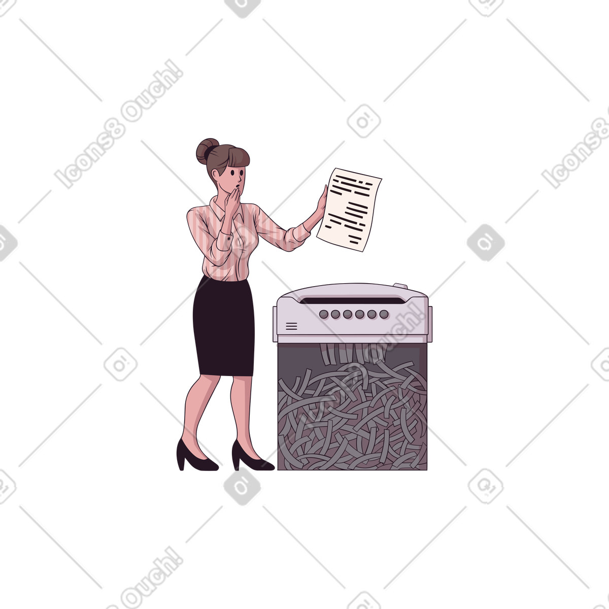 Frau löscht dokumente mit aktenvernichter-Illustration im Eastwood-Stil als Download in PNG, SVG