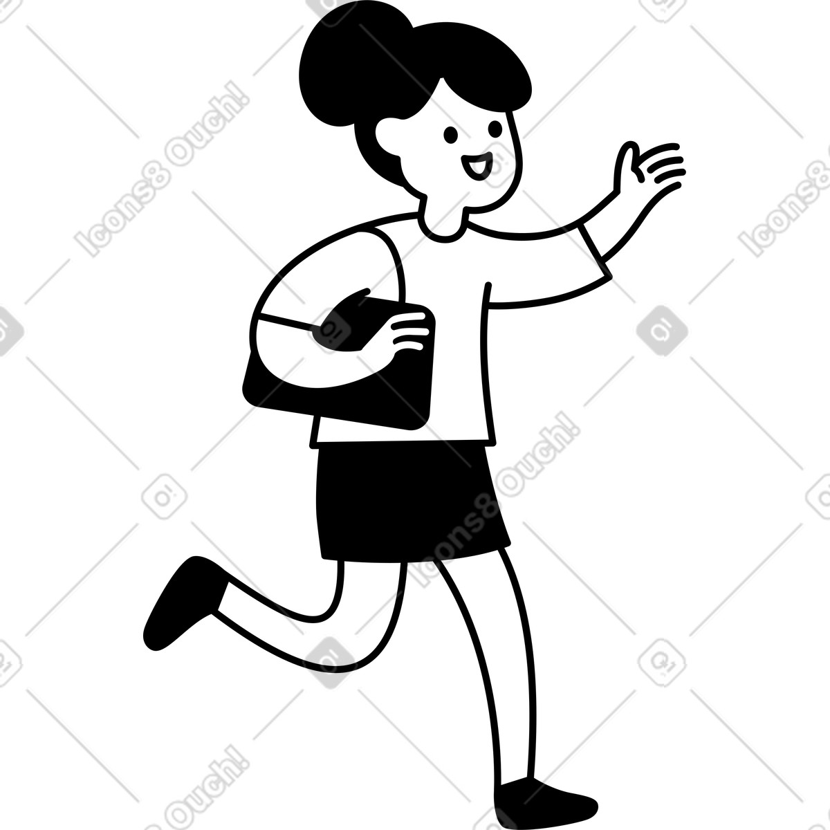 Runner carrying bag waving hand in simple minimal character style illustrazione stile Notion Line Art scarica PNG, SVG