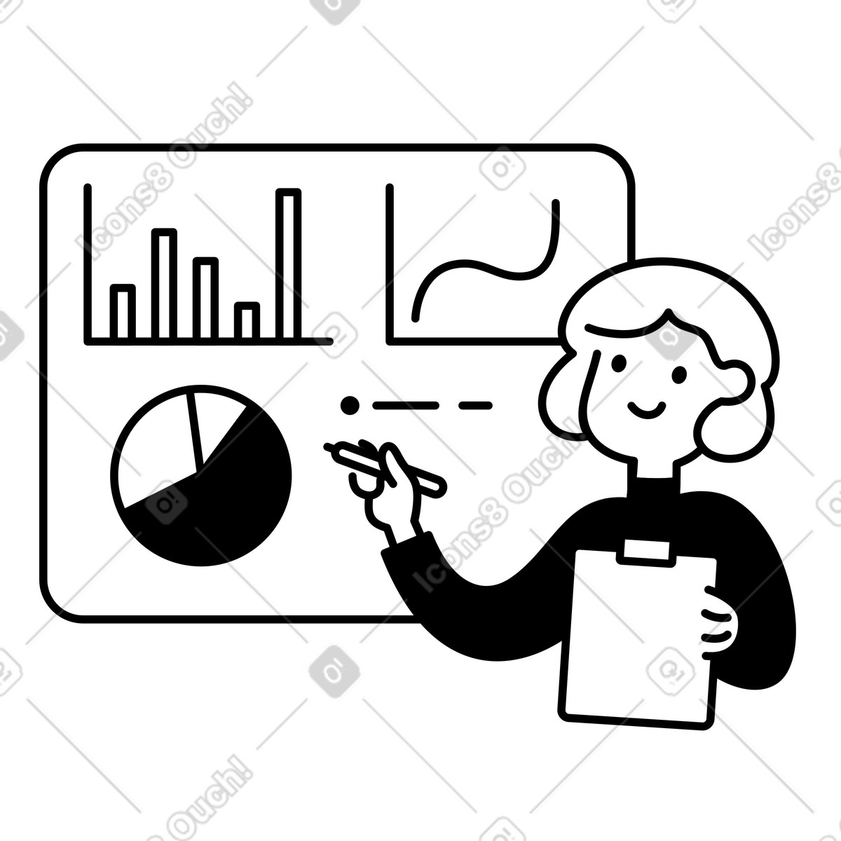 Notion Line Art 스타일의 Analyst presenting bar chart and pie data insights 일러스트레이션 PNG, SVG 다운로드