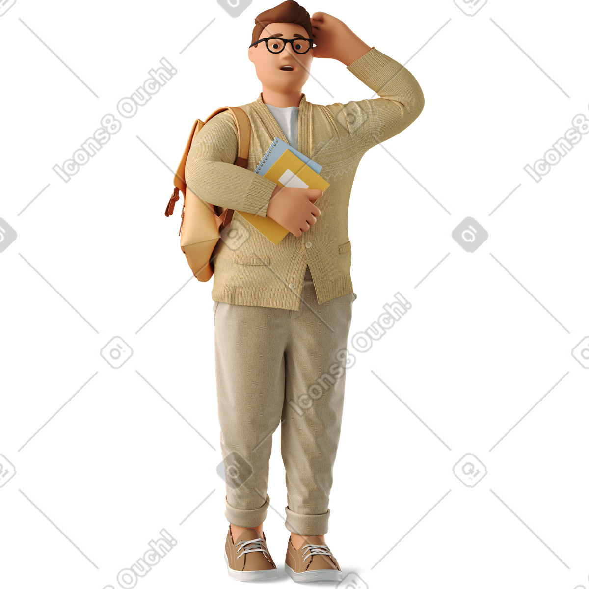 Illustration of a person with a backpack scratching their head clipart for students in PNG, SVG