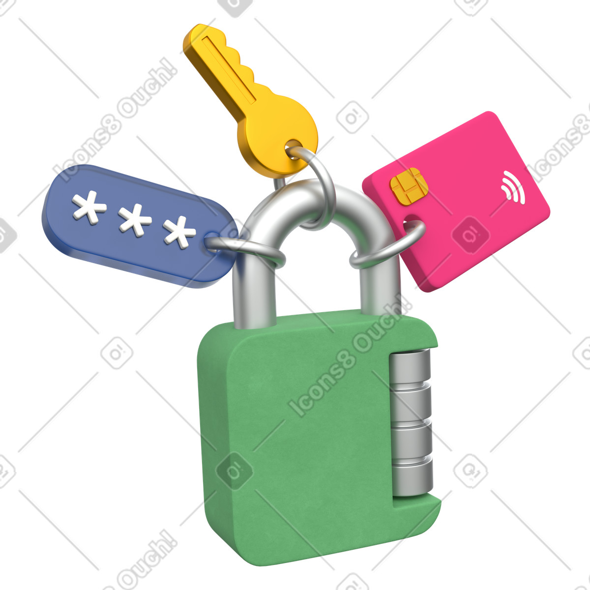 Lock with keys and card, Multi factor authentication, Secure access management illustration in 3D Grid style download in PNG, SVG