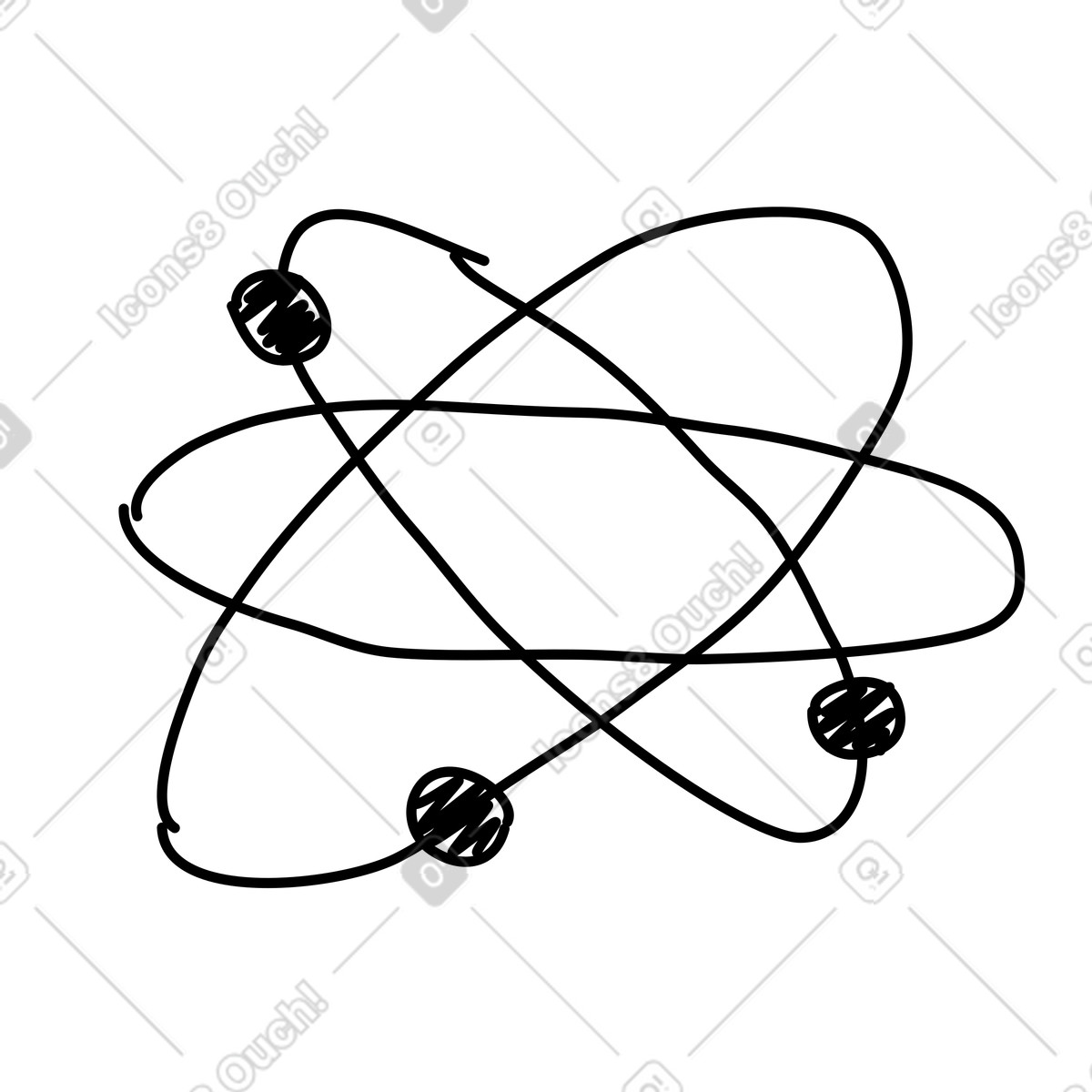 Physics atomic structure icon with curved electron paths and nucleus-Illustration im Rough Sketch-Stil als Download in PNG, SVG