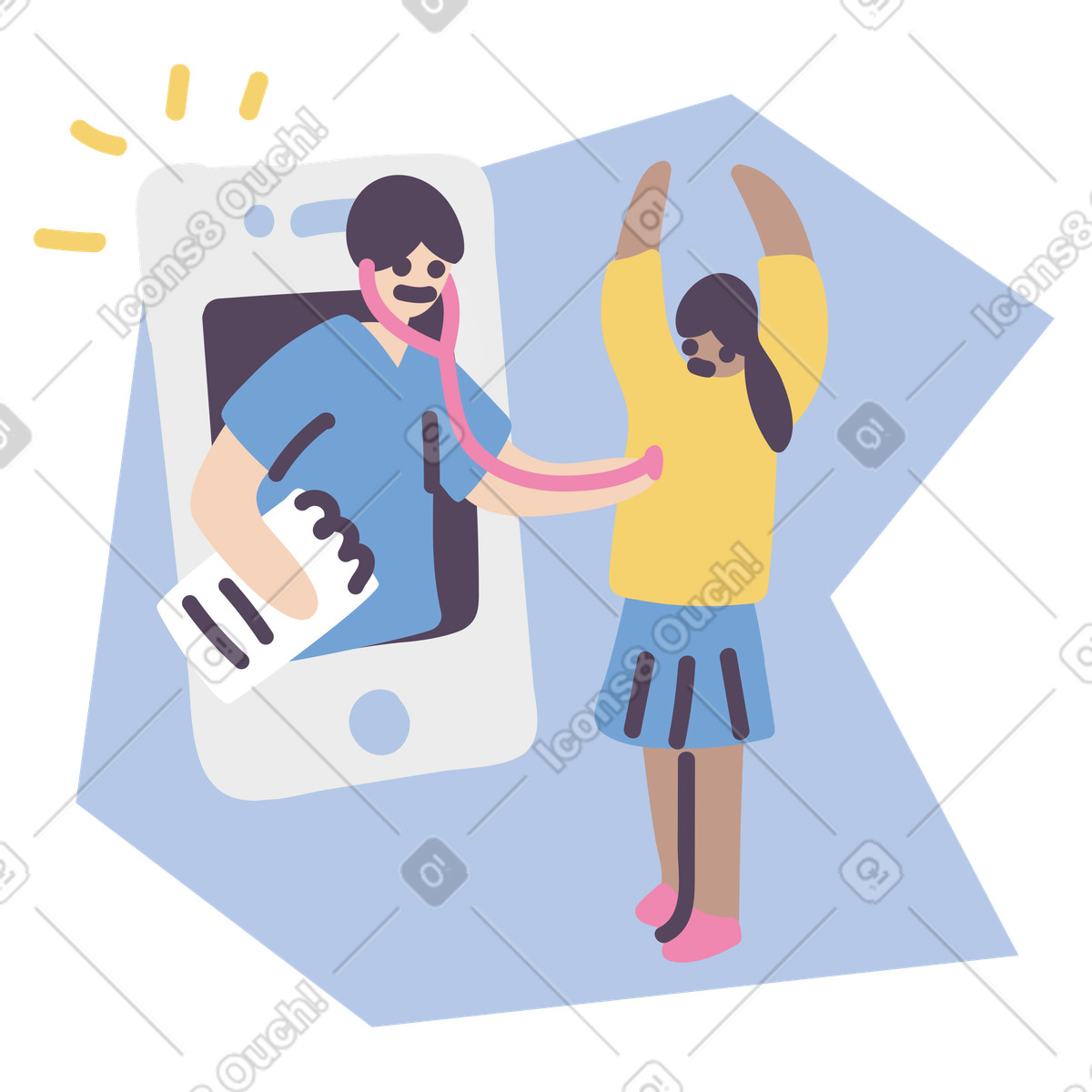 Doctor with a phonendoscope gives an online consultation to girl illustration in Pluto style download in PNG, SVG