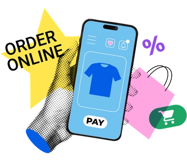 A smartphone displaying an online shopping interface - Print style illustration