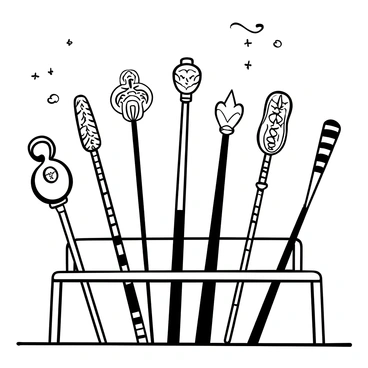 A collection of vintage magic wands arranged on a wooden display table. Each wand features an ornate handle with intricate carvings, showcasing various styles such as floral, geometric, and animal motifs. The wands have different lengths and embellishments, combining elements like gemstones and twisted metal. The background features a subtle texture to enhance the focus on the wands, which are positioned at different angles for visual interest. A soft light casts gentle shadows, adding depth to the scene.