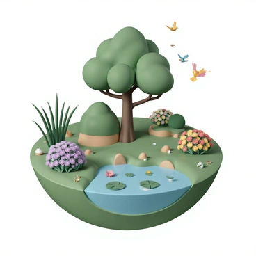 An illustration of an ecosystem with different plants and animals represented in a circle.