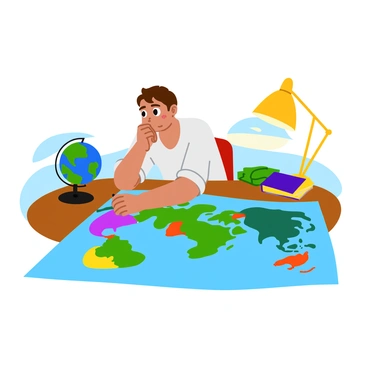 A teenager with short brown hair sits at a wooden desk, gazing intently at a large, colorful world map spread out in front of them. The map features vibrant countries and oceans, filled with detailed borders and symbols. The teenager has a thoughtful expression, with their chin resting on one hand and eyes wide with wonder. Around the desk are travel books and a globe, adding to the theme of exploration. A soft lamp casts a warm glow over the workspace, enhancing the atmosphere of dreams and possibilities.