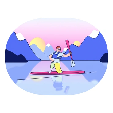 A paddleboarder on a calm mountain lake at dawn, with mist gently rising from the water's surface. The paddleboard is a bright red color, and the paddle is held upright as the paddleboarder moves forward. Surrounding the lake are tall, rugged mountains with a soft pink and orange glow from the rising sun in the background. The water reflects the colors of the sky, creating a beautiful gradient. The paddleboarder is wearing a light blue life jacket and is focused on their balance.