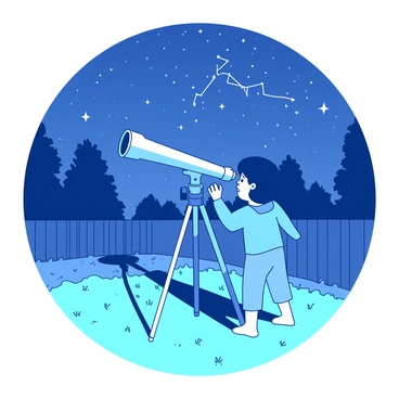 A small child wearing a blue pajama set is standing in a grassy backyard, curiously looking through a silver telescope. The telescope is mounted on a sturdy white tripod. Above the child, the night sky is filled with countless shimmering stars, and the Big Dipper constellation is clearly visible, highlighted by its distinct shape. The backyard is surrounded by a low wooden fence, and there are a few trees casting soft shadows in the moonlight. A gentle breeze rustles the leaves, creating a serene atmosphere.