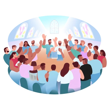 A diverse group of people is gathered inside a sunlit church, standing together in a semi-circle. Each person is dressed in bright, colorful clothing, representing different cultures and styles. Some individuals are holding songbooks, while others have their hands raised in the air. Everyone is engaged in singing and clapping rhythmically, radiating joy and unity. Sunlight streams through the stained-glass windows, casting vibrant colors onto the wooden floor. In the background, there are pews filled with more attendees enjoying the uplifting atmosphere.