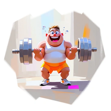 A cartoon character with exaggerated features, large eyes, and a big smile is in the midst of performing a hammer curl with oversized dumbbells. The character has a muscular build, wearing a colorful tank top and shorts, showcasing their strength. The dumbbells are comically large, emphasizing the character's impressive effort. They are standing on a gym floor with a playful expression, showcasing determination. A humorous twist is added with sweat drops flying off their forehead, and their feet slightly off the ground, as if straining against the weight.
