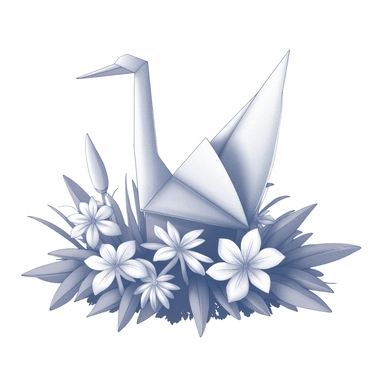 An origami crane is positioned delicately on a patch of flowers in a garden. The crane features precise folds and a pointed beak, showcasing intricate craftsmanship. Surrounding the crane, there are a variety of flowers with distinct shapes and sizes, their petals widely open. The garden setting includes lush, green foliage that forms a natural backdrop, enhancing the composition of the scene. The overall arrangement creates a harmonious interplay between the delicate paper crane and the flourishing flowers.