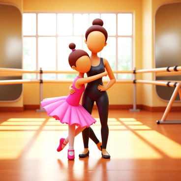 A young ballerina wearing a pink tutu and ballet slippers is hugging her ballet teacher. The ballet teacher is wearing a black leotard and has her hair tied in a neat bun. They are standing inside a dance studio with wooden floors and large mirrors on the walls. Sunlight is streaming through tall windows, creating a warm and inviting atmosphere. Various ballet barre setups are visible in the background.