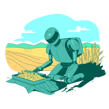 A teal robotic farmer is actively harvesting ripe crops in a field. The farmer is equipped with cutting-edge technology, featuring articulated arms and sensors for precision work. Surrounding the robotic farmer are golden fields of wheat swaying gently in the breeze. In the background, there is a clear blue sky, adding to the bright atmosphere of the scene. The sun casts defined shadows of the robotic farmer on the ground, highlighting its intricate design and functionality.