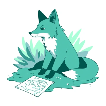 A teal fox is sitting on a grassy patch, its eyes narrowed in concentration and a thoughtful expression on its face. The fox's bushy tail curls around its paws, and its ears are perked up as if listening intently. In front of the fox, there is a small parchment with a faintly drawn map, indicating its meticulous plotting. The background features softly blurred foliage, adding depth to the scene while keeping the focus on the fox and its plan.