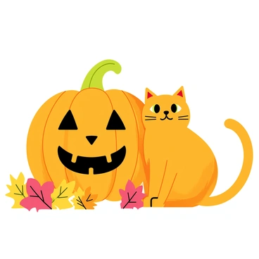 A cheerful orange tabby cat with bright green eyes is sitting beside a large, intricately carved pumpkin. The pumpkin has a smiling face with triangle eyes and a jagged mouth. Surrounding the pumpkin are vibrant autumn leaves in shades of red, orange, and yellow. The ground is covered with a mixture of leaves and grass, enhancing the autumn atmosphere. The cat's tail is playfully curled, and it looks content, creating a warm and inviting scene.