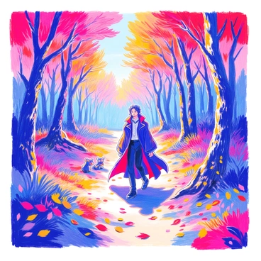 Lucifer is wandering through a dense forest filled with trees displaying brilliant autumn colors, including shades of red, orange, and yellow. He is dressed in a dark, flowing coat that contrasts with the vibrant foliage around him. His features are sharp and striking, with a calm expression on his face. The ground is covered with fallen leaves, creating a colorful carpet beneath his feet. Sunlight filters through the branches, casting dappled shadows on the forest floor. Small animals can be seen peeking out from behind the trees, adding life to the serene scene.