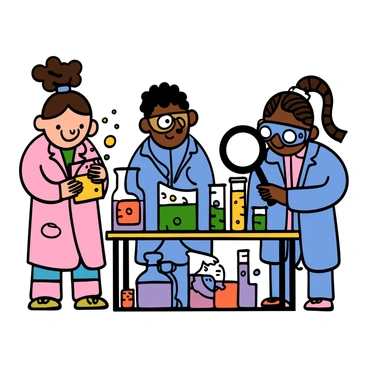A group of three children in lab coats performing simple and fun science experiments. One child, a girl with light skin and curly hair wearing a pink lab coat, is joyfully mixing colorful liquids in a beaker. Another child, a boy with dark skin and short hair, is observing closely, wearing glasses and a blue lab coat. The third child, a girl with medium skin and braided hair, is holding a magnifying glass, excitedly looking at some colorful chemical reactions. The lab is filled with colorful test tubes, beakers, and safety goggles, creating a lively atmosphere of discovery and experimentation.