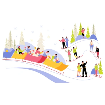 A snowy hill features a thrilling sleigh race with several colorful sleighs speeding down. Each sleigh is occupied by enthusiastic participants, some are leaning forward, urging their teams on. The spectators, dressed in warm winter clothing, are standing at the sidelines, cheering with excitement and waving their hands. Snowflakes swirl around, creating a dynamic atmosphere of winter fun. In the background, pine trees are dusted with white snow, enhancing the festive scene.