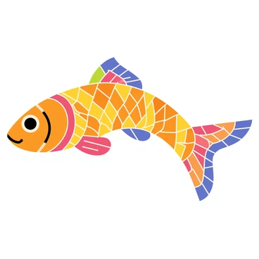 A colorful mosaic created from numerous tiny tiles in various shades. The mosaic depicts the image of a leaping carp, with its body featuring vibrant orange and yellow tiles intertwined with hints of blue and green. The background consists of contrasting tiles that enhance the carp's dynamic movement. Each tile has a glossy finish, reflecting light and adding depth to the overall composition of the leaping fish.