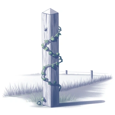 An old wooden fence post stands upright, weathered and worn from years of exposure to the elements. The post is covered in a layer of rough texture, with cracks and knots visible on its surface. Ivy vines weave around the post, their leaves curling and wrapping tightly, showcasing the contrast between the living green plant and the aged wood. In the background, an open field stretches out, filled with tall grass that sways gently in the breeze, creating a sense of openness and tranquility. The sky above is clear, adding to the expansive feel of the scene.