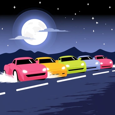 A group of express cars racing under the moonlight on a deserted highway