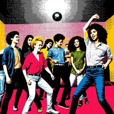 A group of cartoon teenagers is gathered in a vibrant room, enjoying a lively dance party. Each teenager is showcasing distinctive retro hairstyles, such as pompadours, afros, and voluminous curls. They are wearing colorful outfits that reflect a vintage style, including high-waisted pants, patterned shirts, and flowing dresses. The teenagers are positioned in dynamic poses, some are dancing with arms raised, while others are laughing and chatting. The atmosphere is filled with energy, and the background includes a disco ball casting playful patterns of light around the room.