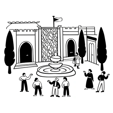 A royal courtyard featuring ornate stone architecture and lush greenery. Several courtiers dressed in elaborate garments are scattered around the space. They are engaged in hushed conversations, with their postures suggesting intrigue. Some courtiers are casting suspicious glances towards a grand marble fountain at the center of the courtyard, which features intricate carvings. There are tall trees lining the courtyard, adding depth to the scene. The ground is paved with cobblestones, and a few decorative banners hang from the surrounding structures.
