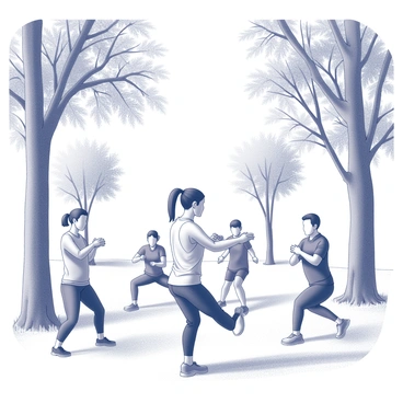 A fitness trainer is leading a boot camp session in a park. The trainer, wearing athletic gear, is positioned in front of a group of participants, demonstrating a dynamic exercise routine. Surrounding the trainer are trees with detailed bark textures and expansive leaves, creating a vibrant atmosphere. The participants are engaged in various exercises, some are doing squats while others are performing lunges. The ground is covered with grass, enhancing the natural feel of the setting. In the background, additional trees create depth, with light filtering through the branches, adding to the lively park ambiance.