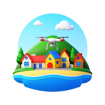 A drone hovering above a quaint seaside village. The village features charming cottages with colorful roofs, surrounded by lush greenery. The coastline is visible, with gentle waves lapping against the shore. A clear blue sky with a few fluffy clouds enhances the scene. The drone is depicted in mid-air, capturing the vibrant scenery below.