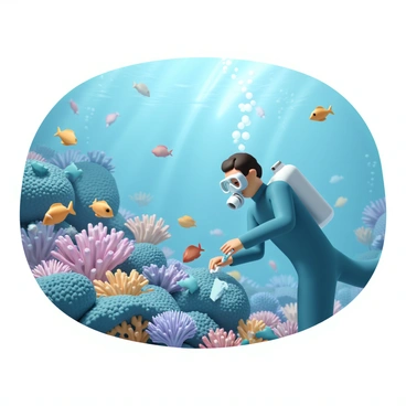 A vibrant underwater scene filled with colorful fish swimming around a detailed coral reef. The coral is rich in texture, showcasing various shades of blue, pink, and orange. In the foreground, a diver wearing a blue wetsuit and a transparent mask is carefully collecting pieces of plastic waste. Bubbles rise from the diver's equipment, and sunlight filters down from above, illuminating the water and creating dynamic reflections on the ocean floor. The fish, in shades of yellow, red, and turquoise, swim playfully among the coral, adding life to the scene.