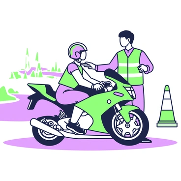 A new rider is seated on a BMW motorcycle, preparing for a test ride. The motorcycle is prominently displayed with its distinctive design. The rider, wearing a helmet and protective gear, grips the handlebars with focused determination. Next to the rider stands a seasoned instructor, dressed in a reflective vest, pointing out features of the motorcycle. In the background, a clear path is visible, lined with cones and marked for the test ride. The atmosphere conveys a sense of learning and guidance in the rider's experience.