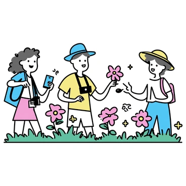 A group of tourists, wearing summer hats and casual clothes, are standing amidst vibrant "bee balm flowers" in a botanical garden. One tourist, holding a smartphone, is capturing a close-up image of the "red and pink blossoms" while another, with a camera around their neck, is smiling and pointing to the flowers. The scene showcases lush green foliage surrounding the "colorful bee balm flowers," emphasizing the natural beauty of the garden.