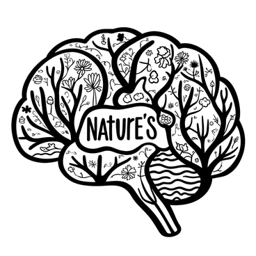 A right brain filled with elements of nature like trees, rivers, and animals painted in vibrant colors