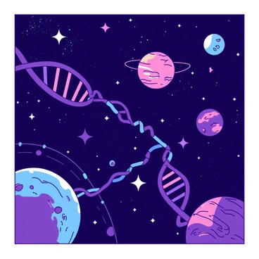 A vibrant cosmic scene featuring various planets and bright stars scattered throughout the darkness of space. Each planet has distinct colors and textures, showing a rich diversity among them. Long, twisting strands of DNA connect the planets to the stars, intertwining in a complex pattern. The DNA strands are rendered in two colors, creating a striking contrast against the soft glow of the stars. The stars twinkle with radiance, providing a backdrop to the intricate connections between the celestial bodies.