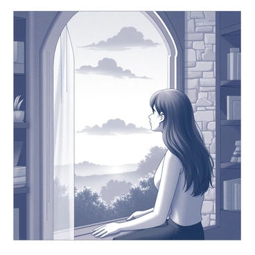 A young woman with long, flowing hair is sitting by a tall, arched window. She gazes out with a thoughtful expression, her hands resting on the windowsill. The window is adorned with delicate curtains that gently sway as if touched by a breeze. Outside, the sky is filled with intricate clouds, showcasing a sunset with varying shades of light. The scene captures the beauty of nature as the sun dips below the horizon, casting shadows and highlights in the surrounding landscape. The interior of the room is cozy, featuring a stone wall and shelves with various plants and books.