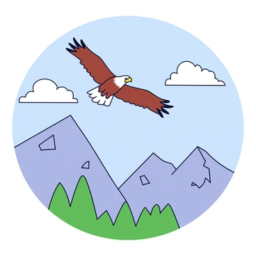 An eagle with a wingspan stretched wide is soaring high above rugged mountains. The eagle has a brown body with a striking white head and tail. Below the eagle, the mountains are depicted with sharp peaks and rocky surfaces, showing varying shades of gray and green vegetation. The sky above is clear with a few fluffy white clouds scattered. The scene conveys a sense of elevation and vastness.