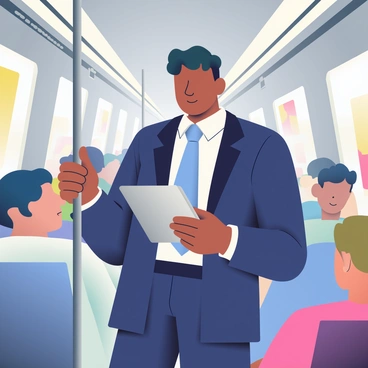 An executive with short black hair is standing inside a crowded train, holding onto a metal pole for balance. He is wearing a tailored navy blue suit and a crisp white shirt, with a light blue tie. In his left hand, he is reading a digital newspaper displayed on a sleek tablet. Surrounding him are other commuters, some sitting and others standing, engaged in their own activities. The train’s interior is filled with grey and silver tones, with overhead lights illuminating the scene as it moves through a busy city. There are advertisements on the walls and a view of blurred buildings through the train windows.