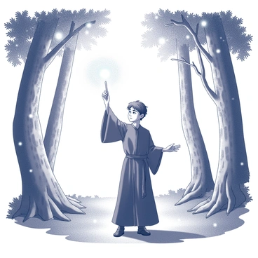 A young wizard is standing in a forest clearing. He is wearing a long robe, and his hair is slightly tousled. In one hand, he holds a wand pointed upward, while the other hand is raised in a gesturing motion. Around him, glowing orbs of light are swirling in the air, creating a dynamic atmosphere. The ground is covered in lush vegetation, and ancient trees with intricate bark patterns encircle the clearing, their leaves creating a natural canopy above.
