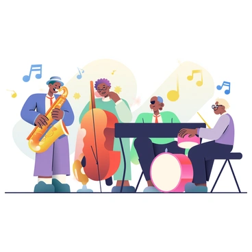 A jazz band consisting of a saxophonist, a double bassist, a pianist, and a drummer is performing on stage. The saxophonist, a man with dark skin and a stylish fedora, plays a shiny brass saxophone. The double bassist, a woman with curly hair, stands next to him, plucking the strings of her wooden bass. The pianist, a man wearing glasses, is seated at a black grand piano, his fingers dancing across the keys. The drummer, a young man with short hair, energetically plays a drum set with vibrant red drums. Surrounding the instruments are colorful sound waves in shades of blue, purple, and yellow, swirling and emanating from each instrument. The background is lit with soft, warm lights that highlight the band and create a lively atmosphere.