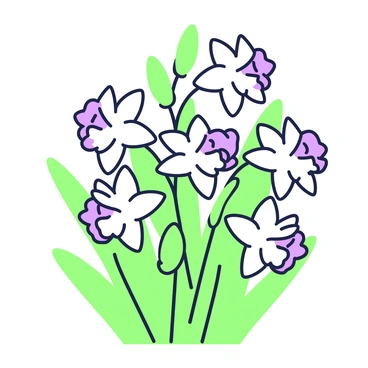 A cluster of daffodils is arranged in a natural setting. Each daffodil has a trumpet-shaped bloom with multiple layers of petals. The flowers are surrounded by green stems and leaves spreading outwards. The daffodils are interspersed with small green buds, adding to the richness of the scene. In the background, there are more green leaves, creating depth and layering within the image. The composition highlights the unique shape and structure of each flower.