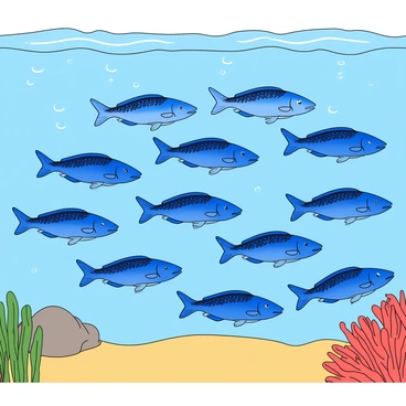 A lively school of various blue fish is swimming together in perfect synchronization. The fish display different shades of blue, from deep navy to light cerulean, each with distinct patterns on their scales. They glide gracefully in fluid, sweeping arcs and zigzagging motions. The clear waters allow for sunlight to filter down, creating shimmering reflections on the sandy bottom. Tiny bubbles rise to the surface as the fish move, adding to the sense of motion in the scene. Nearby, a few coral formations in vibrant colors provide contrast and a natural habitat for the fish.